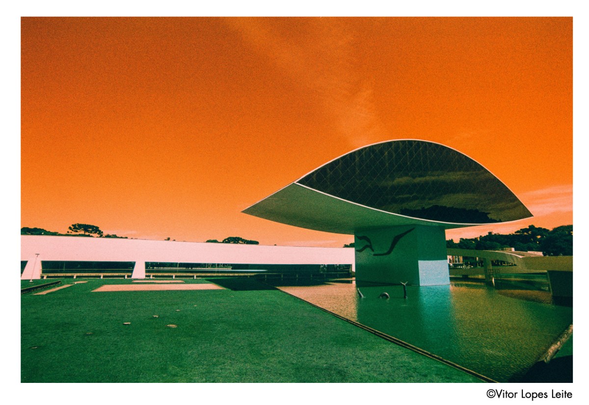 Architecture photographed on Harman Switch Azure showing color-inverted orange sky