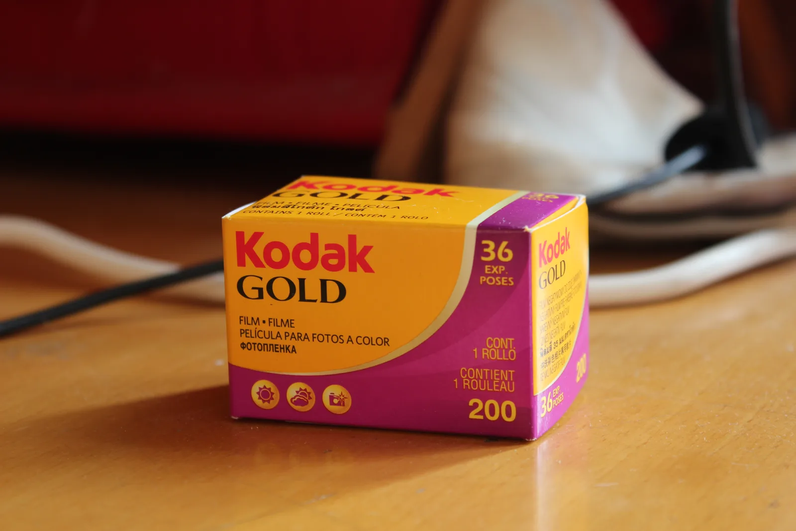 A retail package of Kodak Gold 200 35mm colour negative film