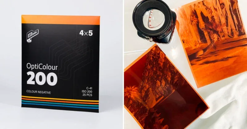 A 25-sheet box of Optik Oldschool OptiColour 200 4x5 color-negative film beside a large-format sheet film holder