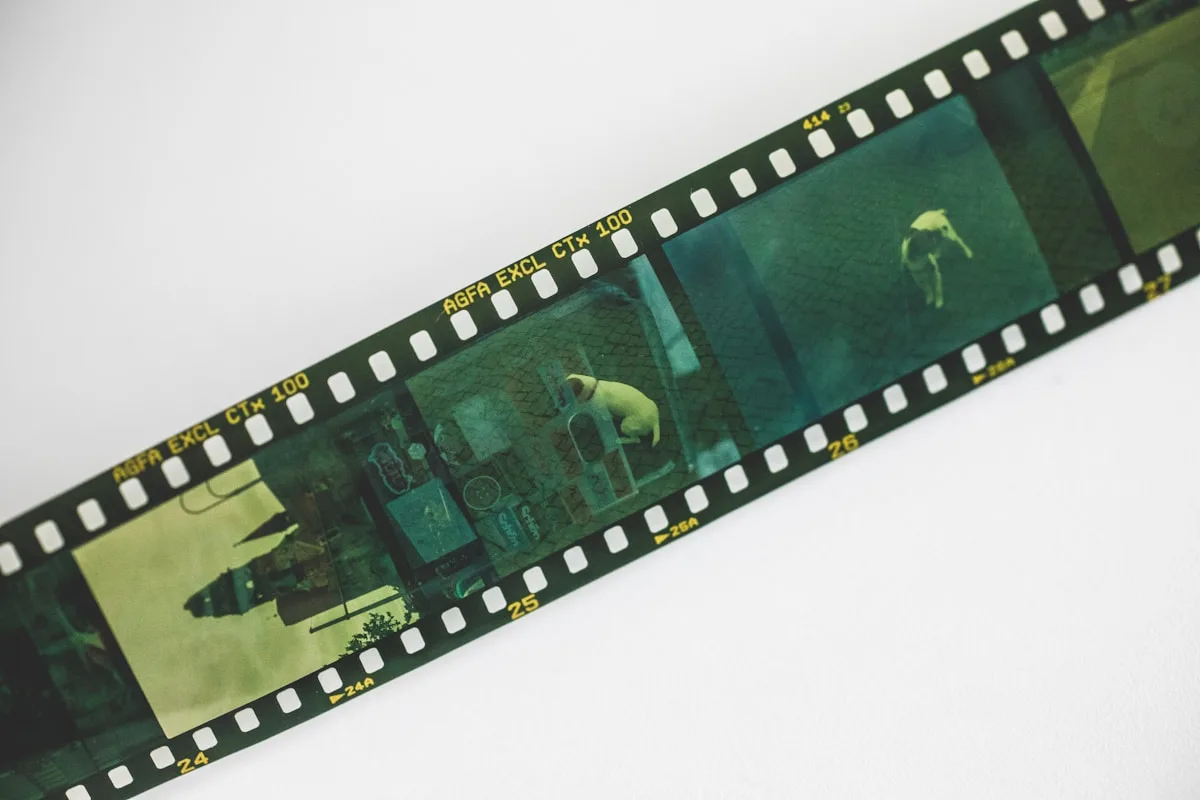 Developed 35mm color negative film strip showing exposed frames