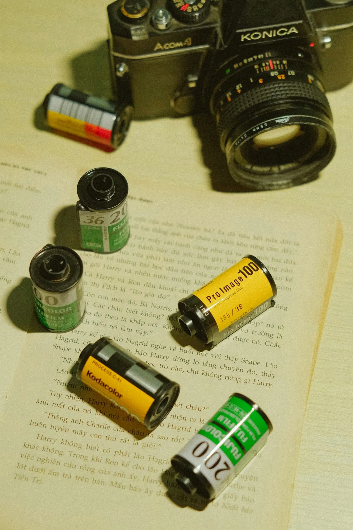 Collection of 35mm film rolls and canisters