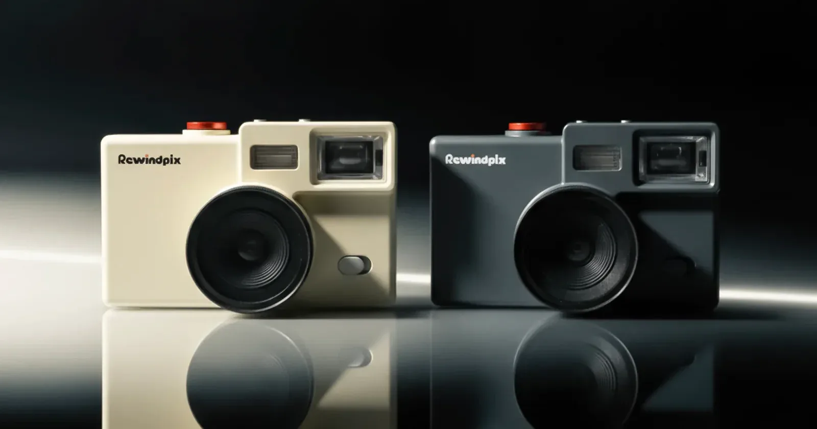 The screen-free RewindPix digital compact camera with its mechanical film-advance winder and optical viewfinder, styled to look like a vintage 35mm point-and-shoot