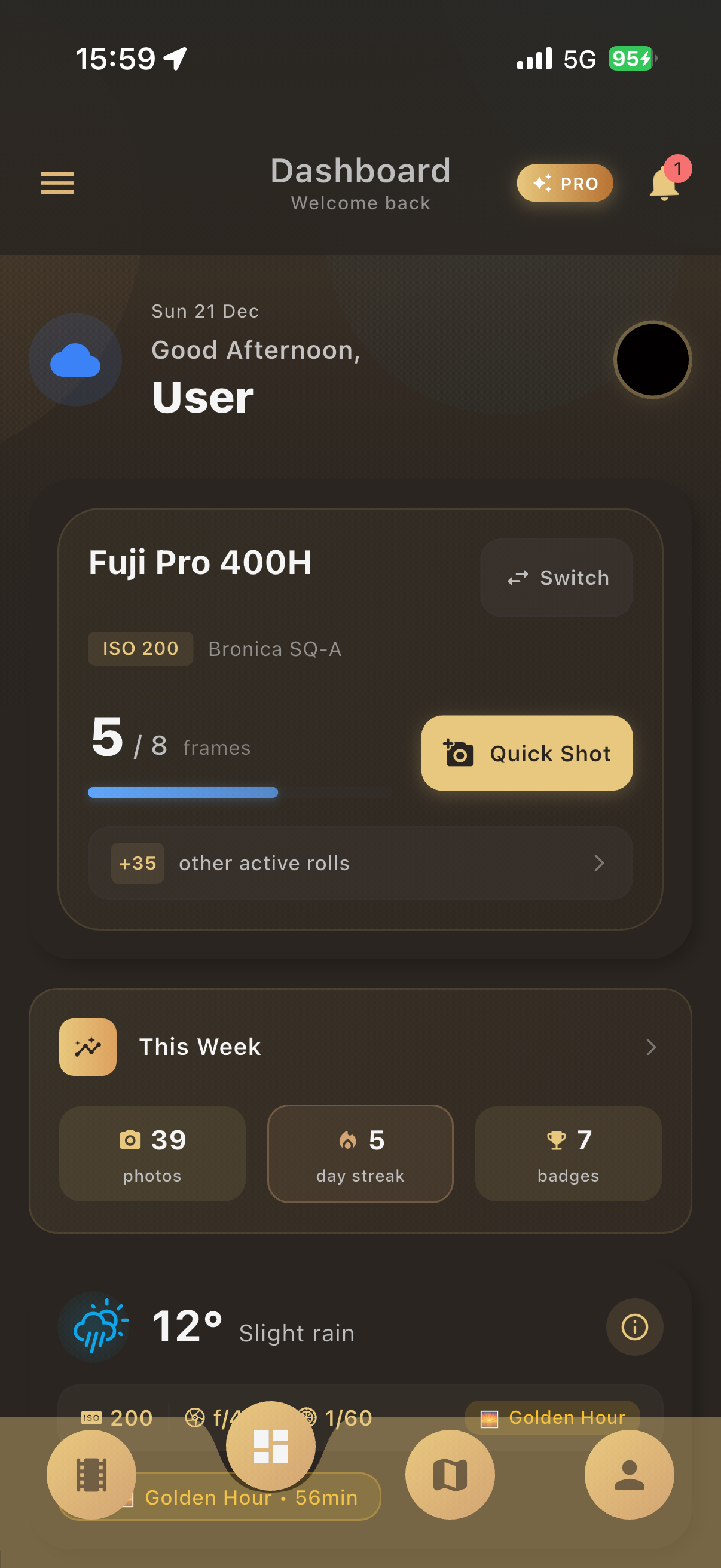 Dashboard Rollify - Vue d'ensemble pellicules argentiques et météo photo