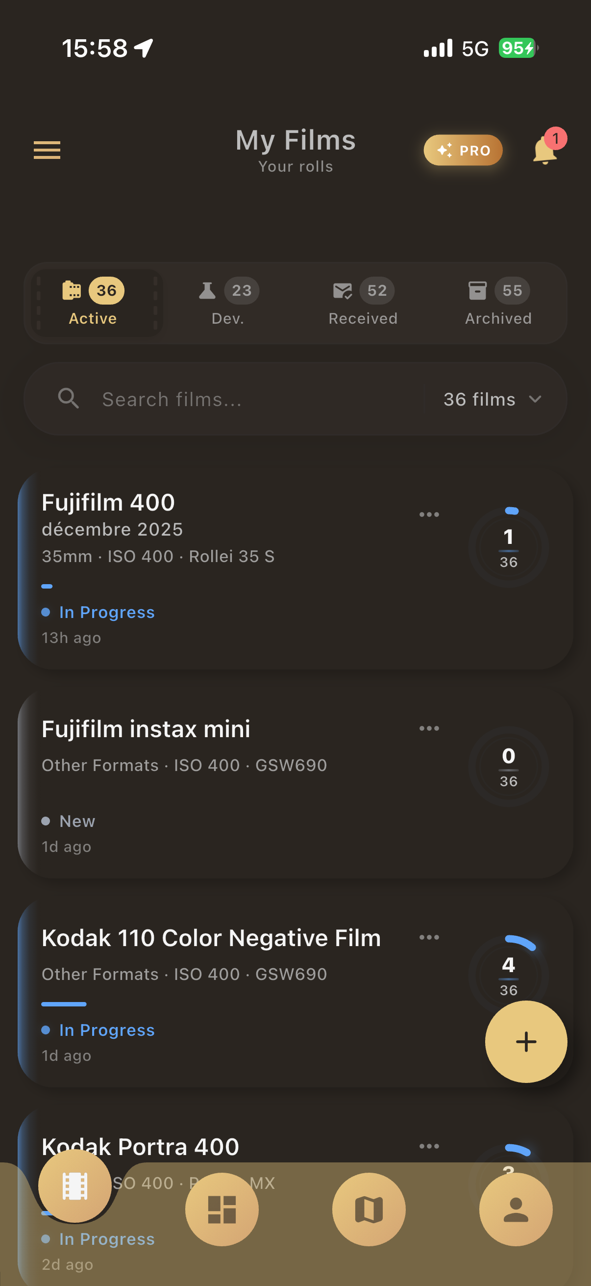 Gestion des pellicules - Suivi 35mm, 120mm, statut développement