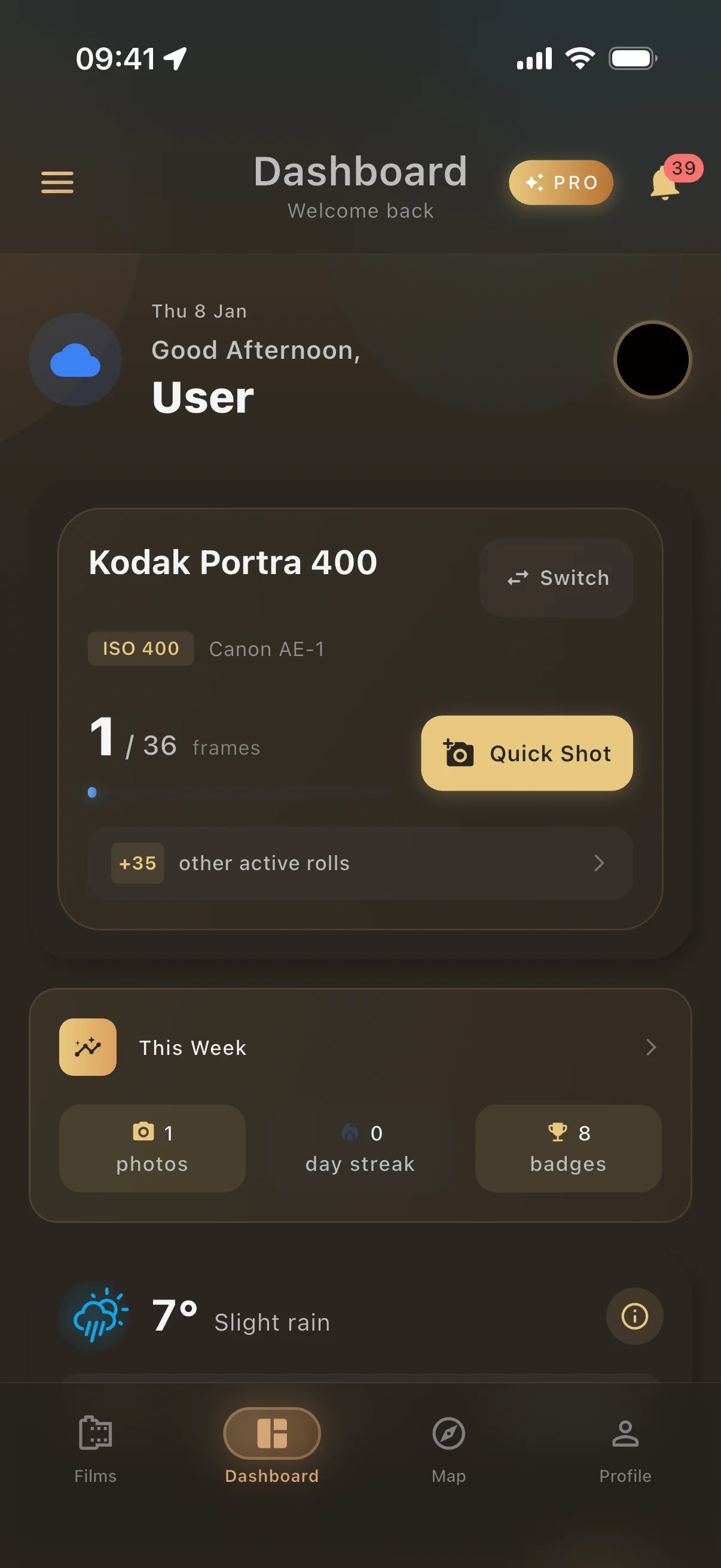Rollify app dashboard showing film rolls overview, weather conditions and quick stats for analog photographers