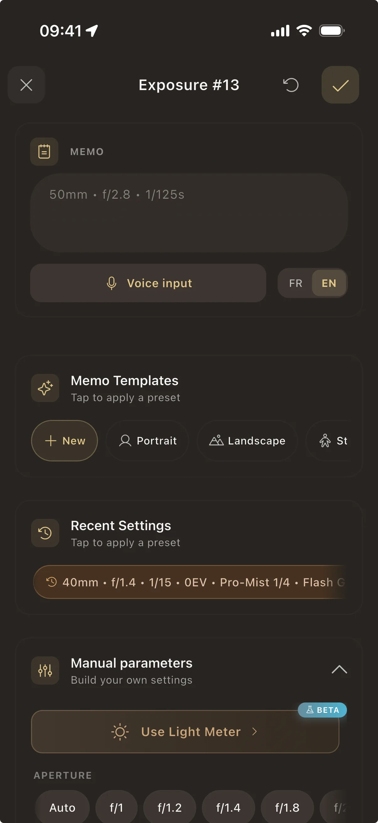 Log a frame in Pellica — aperture, shutter speed, ISO, GPS and weather captured in one tap