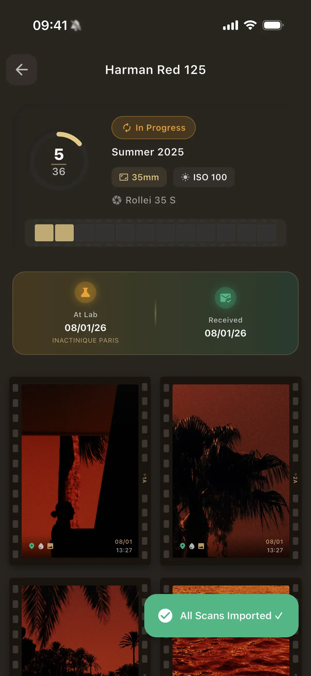 Rollify shot list with scans matched to exposure data - aperture, shutter speed and ISO settings per frame